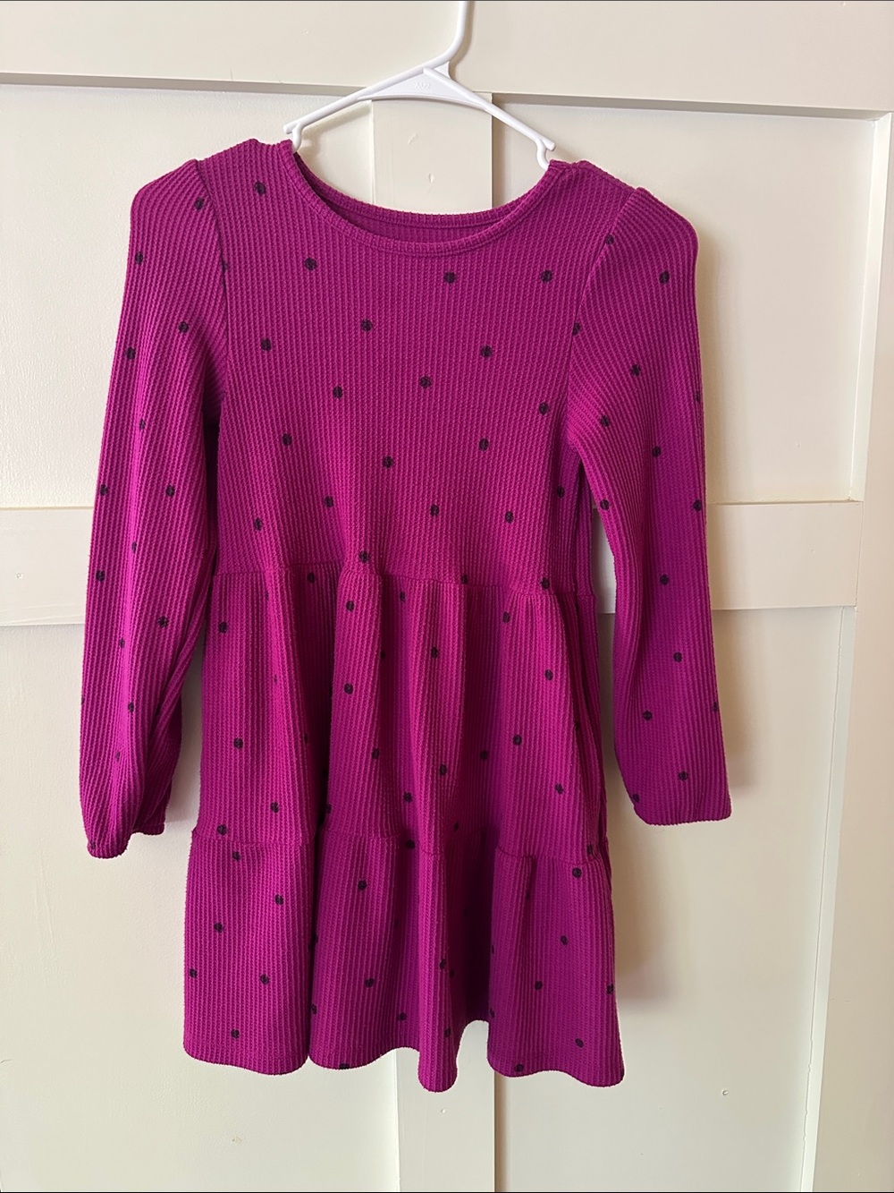 Cat & Jack Fuchsia Knit Long-Sleeve Dress with Black Dot Print